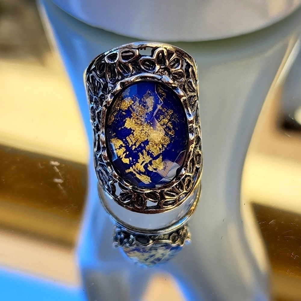 Paz Creations Blue Gold Glass Sterling Silver Ring Size 7